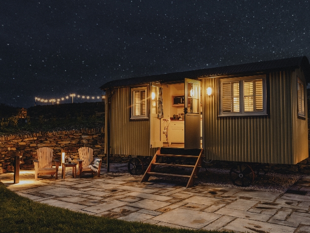 Exterior of a shepherd's hut at Rick Stein