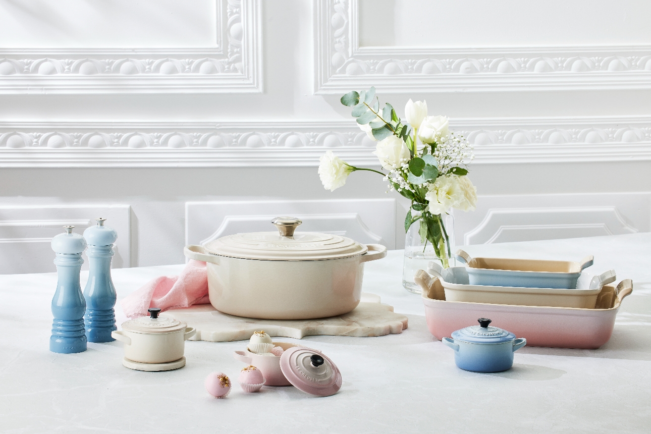 Le Creuset items on a table