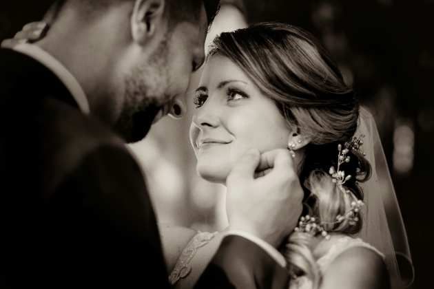 Black and white image of a bride and groom