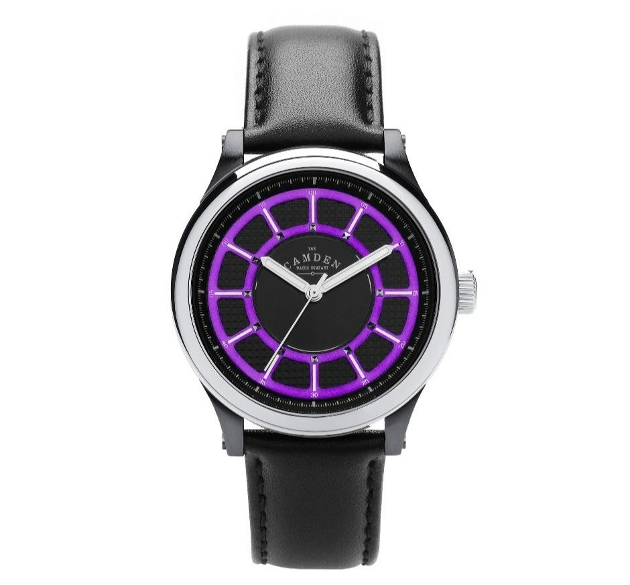 A black watch with a purple face