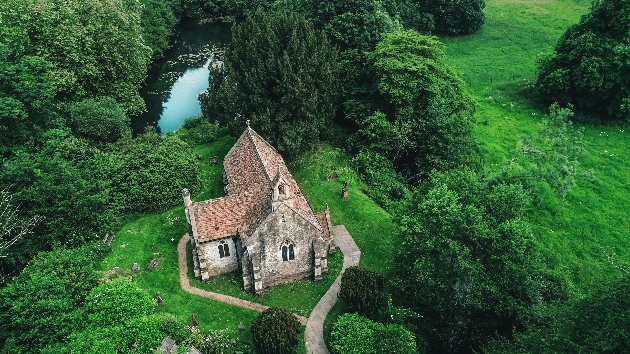 Church on the orchardleigh estate. Aerial shot