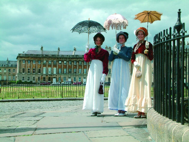 Jane Austen fans dressed up in front of royal crescent bath